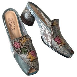 Like New Spring Step L’Artiste Leather Foxxa Heeled Mule Sandals Floral Size 9